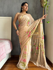 Elegant Hand Painted Chiffon Saree with Zari Border - Perfect for Special Occasions